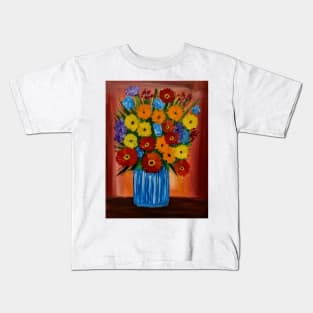 A lovely boutique of abstract vibrant bright colorful  flowers in a tall turquoise glass vase Kids T-Shirt